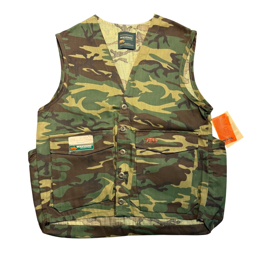 Vintage NWT Wolverine Camo Hunting Vest Mens Medium USA Made Game Bag Woodland